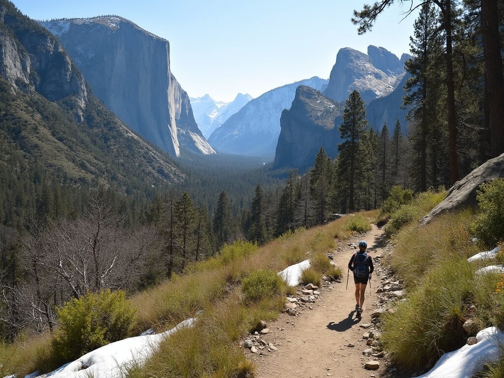 Hikers in layered clothing walk along an accessible Yosemite Valley trail in early spring, surrounded by granite cliffs, bare trees, emerging foliage, patches of snow, and distant Bridalveil Fall flowing heavily under clear afternoon light.