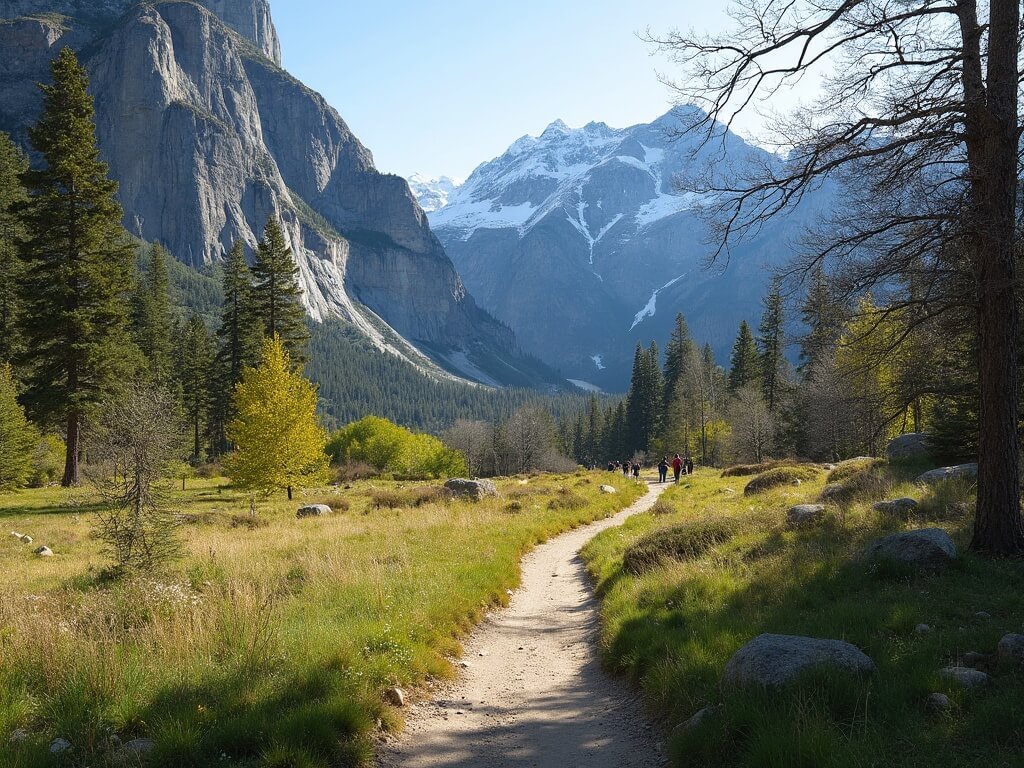 Hikers on an accessible Yosemite Valley trail in early spring, with granite cliffs, patches of snow, budding trees, wildflowers, and Bridalveil Fall flowing in the distance under clear afternoon light.