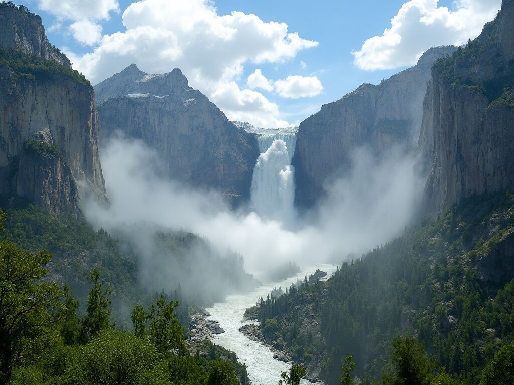 Wide-angle view of Yosemite Falls in peak spring flow, white water crashing down granite cliffs with mist, green valley below, and morning light under partly cloudy skies.