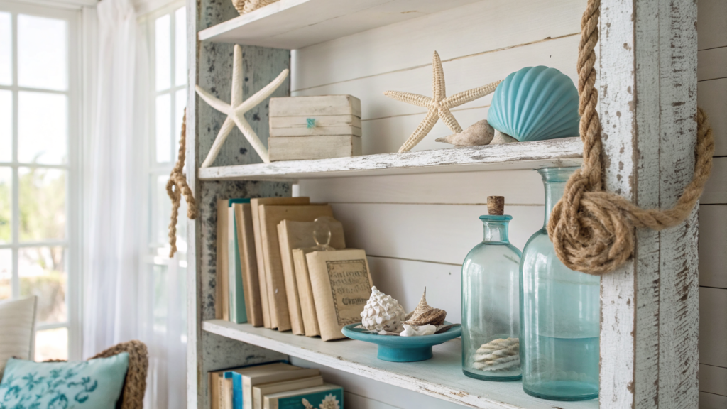 coastal bookshelf decor