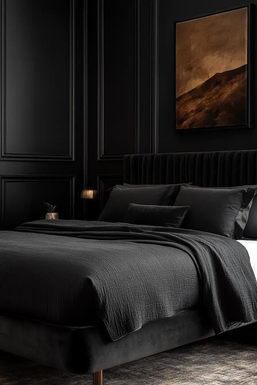29 Black Themed Bedroom Ideas That Read Cozy, Not Cold black themed bedroom