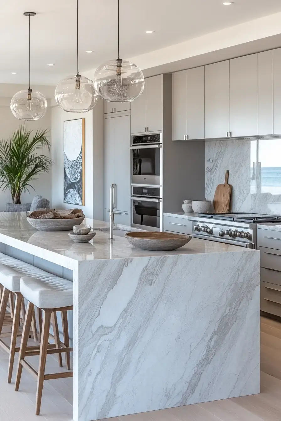 29 Modern Coastal Kitchen Ideas That Pair Marble With Driftwood modern coastal kitchen
