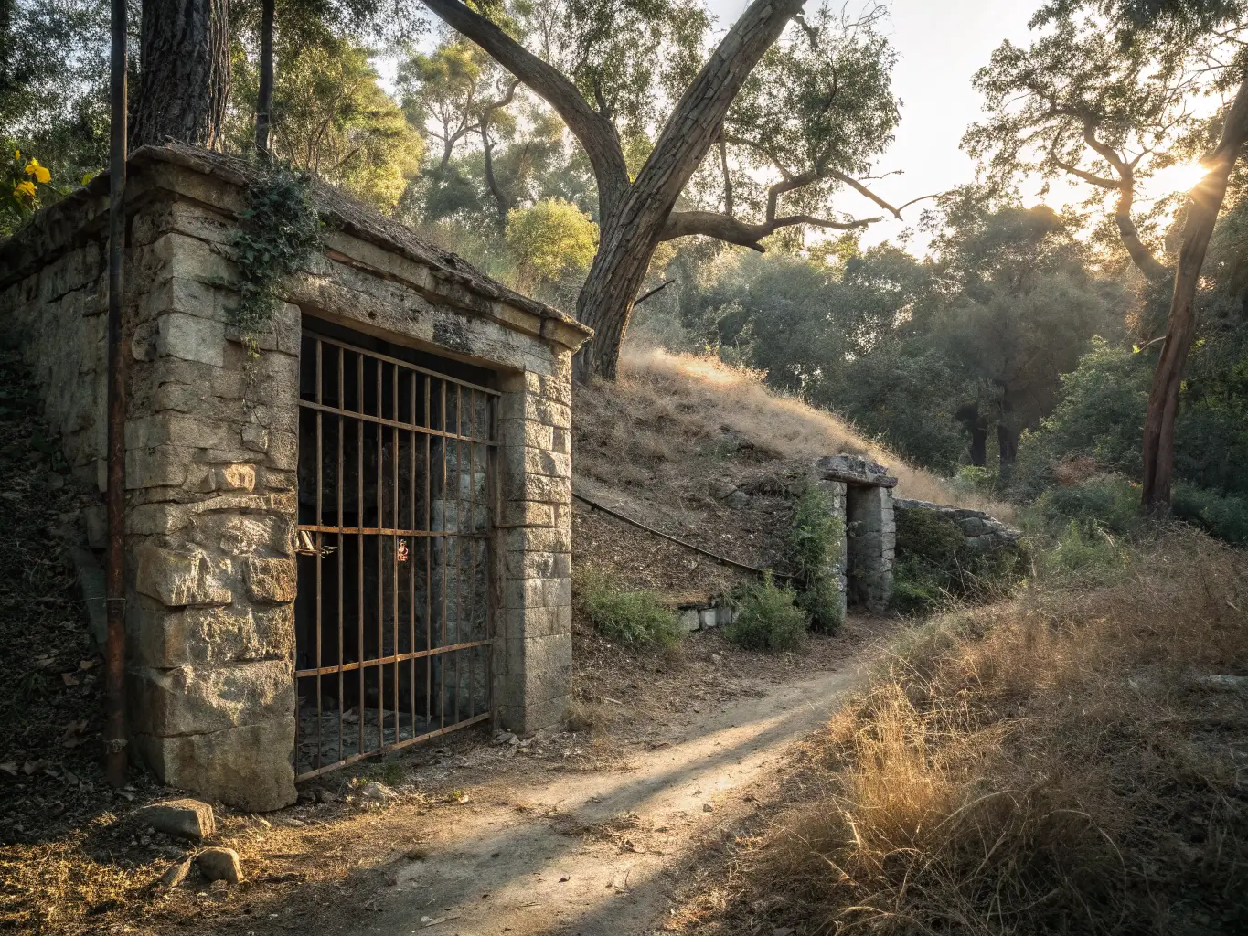 Free Things to Do in Los Angeles If You'd Rather Not Spend a Fortune Abandoned Old LA Zoo cages in Griffith Park, weathered stone and rusted bars overgrown with dry grass and scrub oak, sunlight filtering through eucalyptus trees creating a moody, cinematic atmosphere.