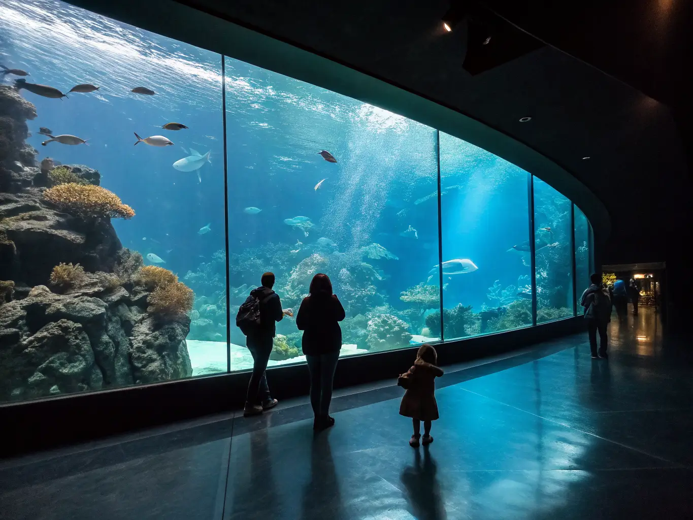 Things to Do in Long Beach When You've Only Got a Day or Two Visitors silhouetted before a glowing turquoise tropical reef tank at the Aquarium of the Pacific, watching fish and a sea turtle in a dark gallery.