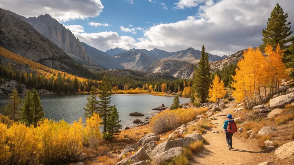 September Might Be the Best Month Mammoth Lakes Has A lone hiker in a fleece pauses on a dirt trail amid golden aspen groves beside a crystal-clear alpine lake in the Mammoth Lakes Basin, framed by granite boulders, pine trees and Sierra Nevada peaks under a crisp blue sky with lenticular clouds and warm late-afternoon light.