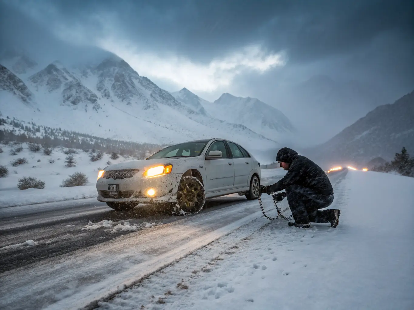 Driver fitting snow chains on a car pulled over in heavy snowfall along US-395 near Bishop, with storm clouds over the snowy Eastern Sierra mountains.