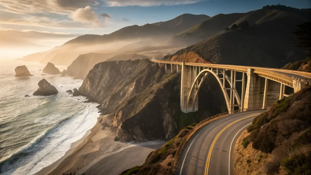 Golden-hour view of Bixby Creek Bridge and Highway 1 arching over a rugged coastal canyon as waves slam dark cliffs and pine-covered hills roll toward the Pacific.