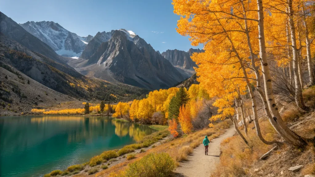 Golden aspen trees along Convict Lake reflecting snow-dusted granite peaks under a crisp blue sky, lone hiker on a frost-lined lakeshore trail with morning mist