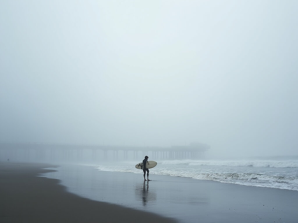 Santa Cruz in August: The Truth Nobody Tells You Before You Book Lone surfer walks toward the foggy Pacific at Cowell Beach on a cool, grey August morning in Santa Cruz, soft light and mist shrouding the distant wharf.