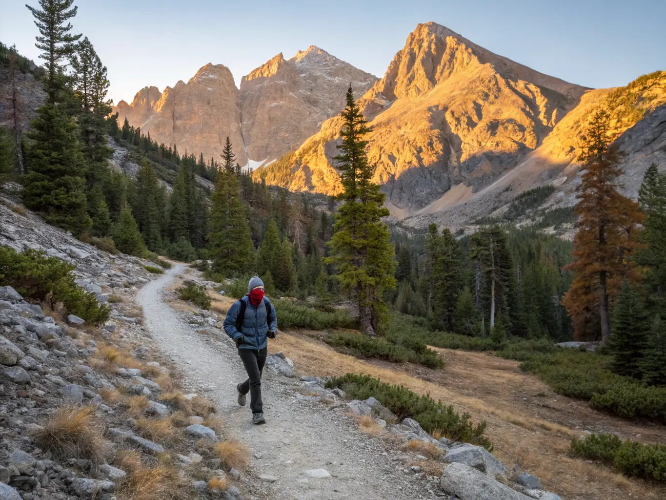 September Might Be the Best Month Mammoth Lakes Has Solo hiker in fleece and beanie on the frosty Duck Pass trail at dawn, small against sunlit Sierra peaks and long blue morning shadows.