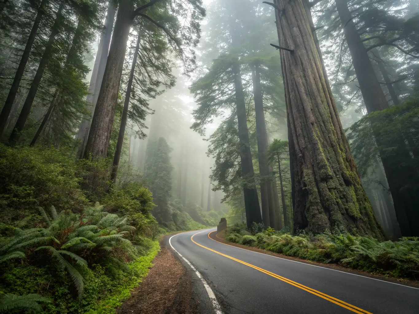 The Best California Road Trips, From Someone Who's Driven Most of Them Foggy morning view along a winding road through towering redwoods in Humboldt Redwoods State Park, with soft light filtering through the canopy.