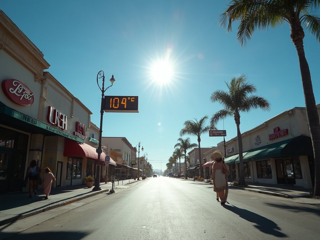 Downtown Fresno street under intense midday heat, shimmering asphalt mirage, thermometer reading 104°F, palm trees drooping, lone pedestrian hurrying toward shade beneath a blazing sun.