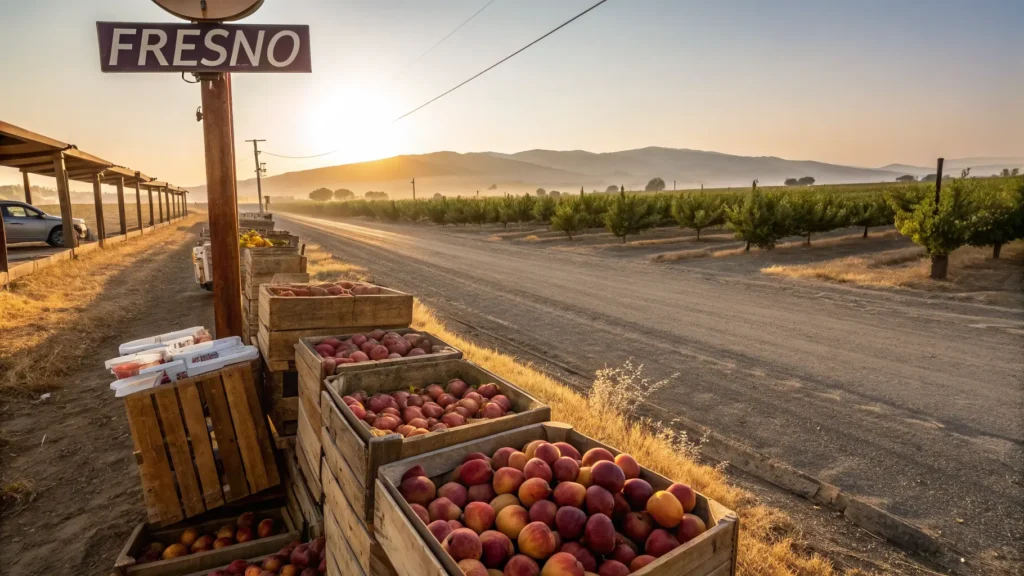 Fresno in July: What Nobody Tells You About Visiting California's Hottest City Golden-hour Fresno farm stand with crates of peaches, plums, and nectarines; heat shimmer over dusty orchards and distant dry hills