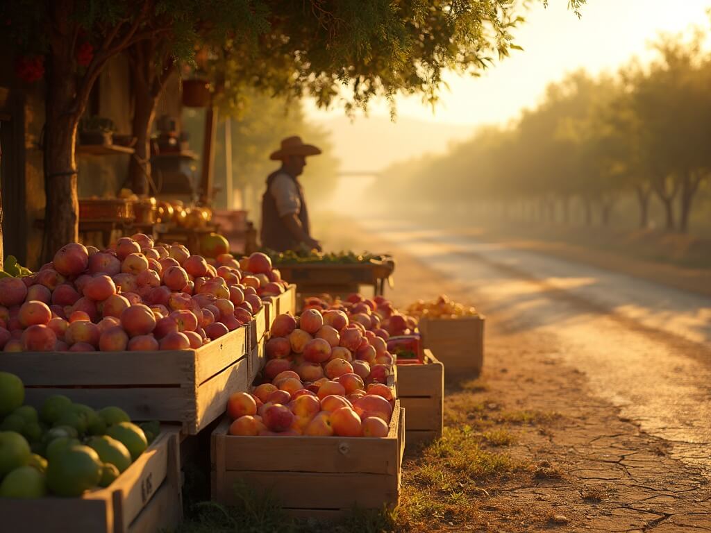 Rustic roadside fruit stand near Fresno with wooden crates of ripe peaches, plums, and nectarines glowing in warm morning light, a farmer in a straw hat arranging fruit, and sunlit orchards fading into a hazy summer background.
