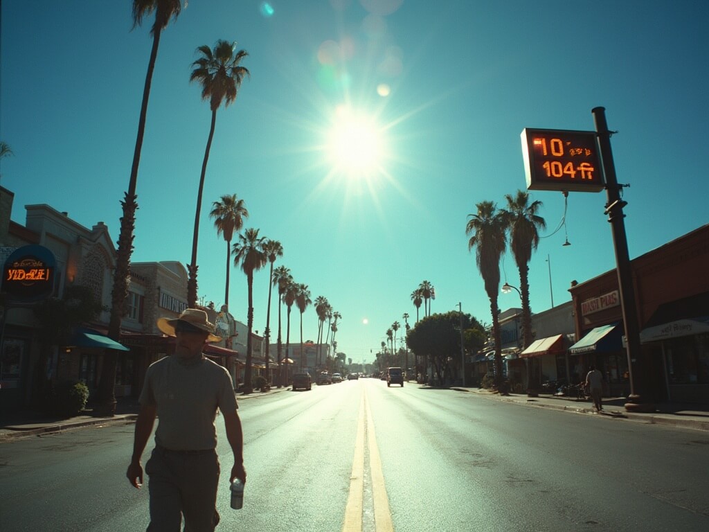 Downtown Fresno street under intense July heat, shimmering asphalt mirage, bright sun overhead, thermometer showing 104°F, drooping palm trees, shaded storefronts, and a lone pedestrian hurrying toward shade.