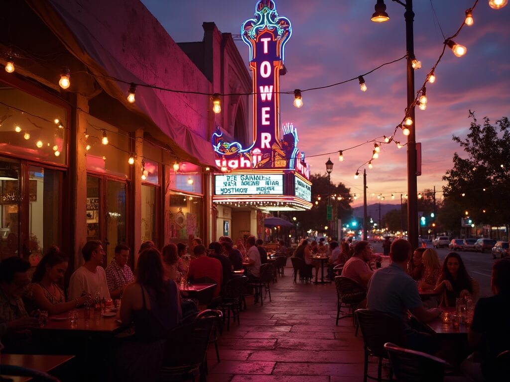 Evening photo of Fresno’s Tower District patio dining under Edison lights, with people enjoying food and music near the glowing neon Tower Theatre at twilight.