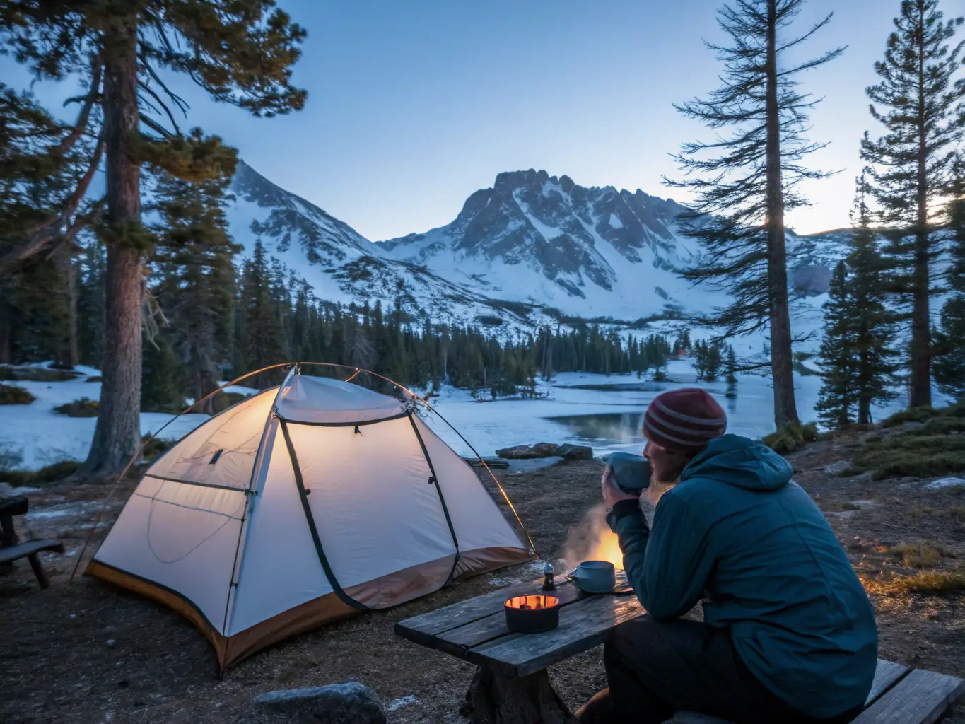 June Might Be the Best Month to Visit Mammoth Lakes Pre-dawn campsite near Gull Lake with frosted tent among Jeffrey pines, camper holding steaming mug in cold twilight, warm lantern glow contrasting with snow-lit Sierra peaks.