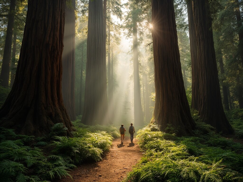 Santa Cruz in August: The Truth Nobody Tells You Before You Book Ultra-wide vertical photo of towering redwoods in Henry Cowell Redwoods State Park with sun rays streaming through the canopy onto a forest trail and tiny hikers below.