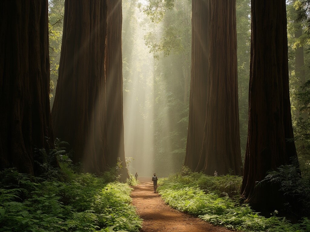 Santa Cruz in August: The Truth Nobody Tells You Before You Book Vertical photo of towering redwoods in Henry Cowell Redwoods State Park with sunbeams filtering through the canopy, tiny hikers on a dirt trail, and ferns covering the forest floor.