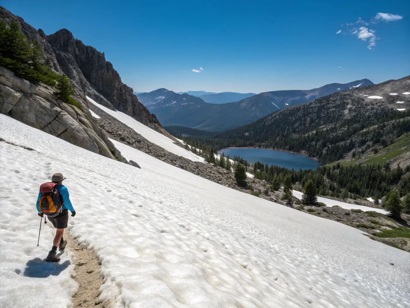 June Might Be the Best Month to Visit Mammoth Lakes Hiker in microspikes crossing a sun-cupped snowfield above Silver Lake under a deep-blue sky, with granite ridges and green meadows below.