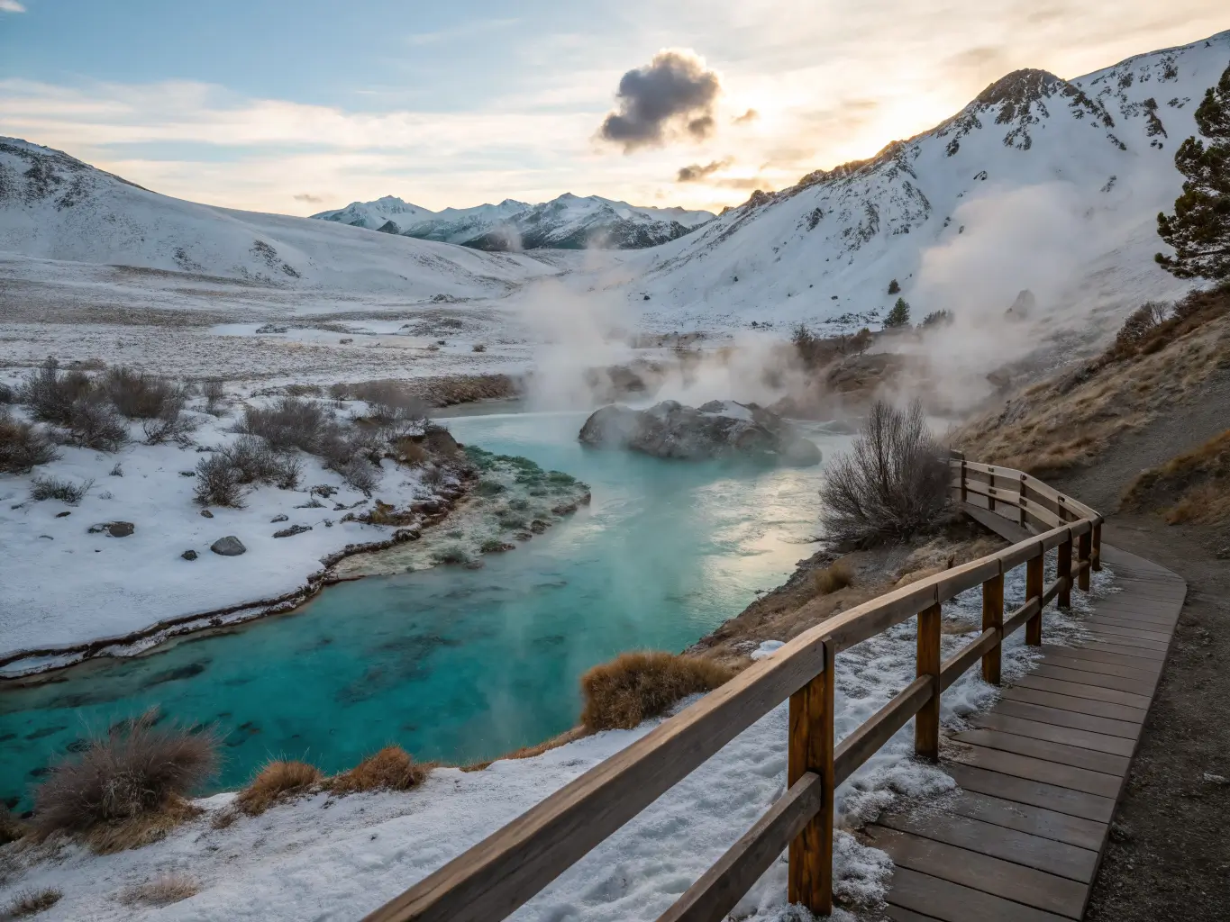 Steaming turquoise thermal pools at Hot Creek in winter, glowing in golden backlight amid snow-covered hills and distant Sierra peaks.