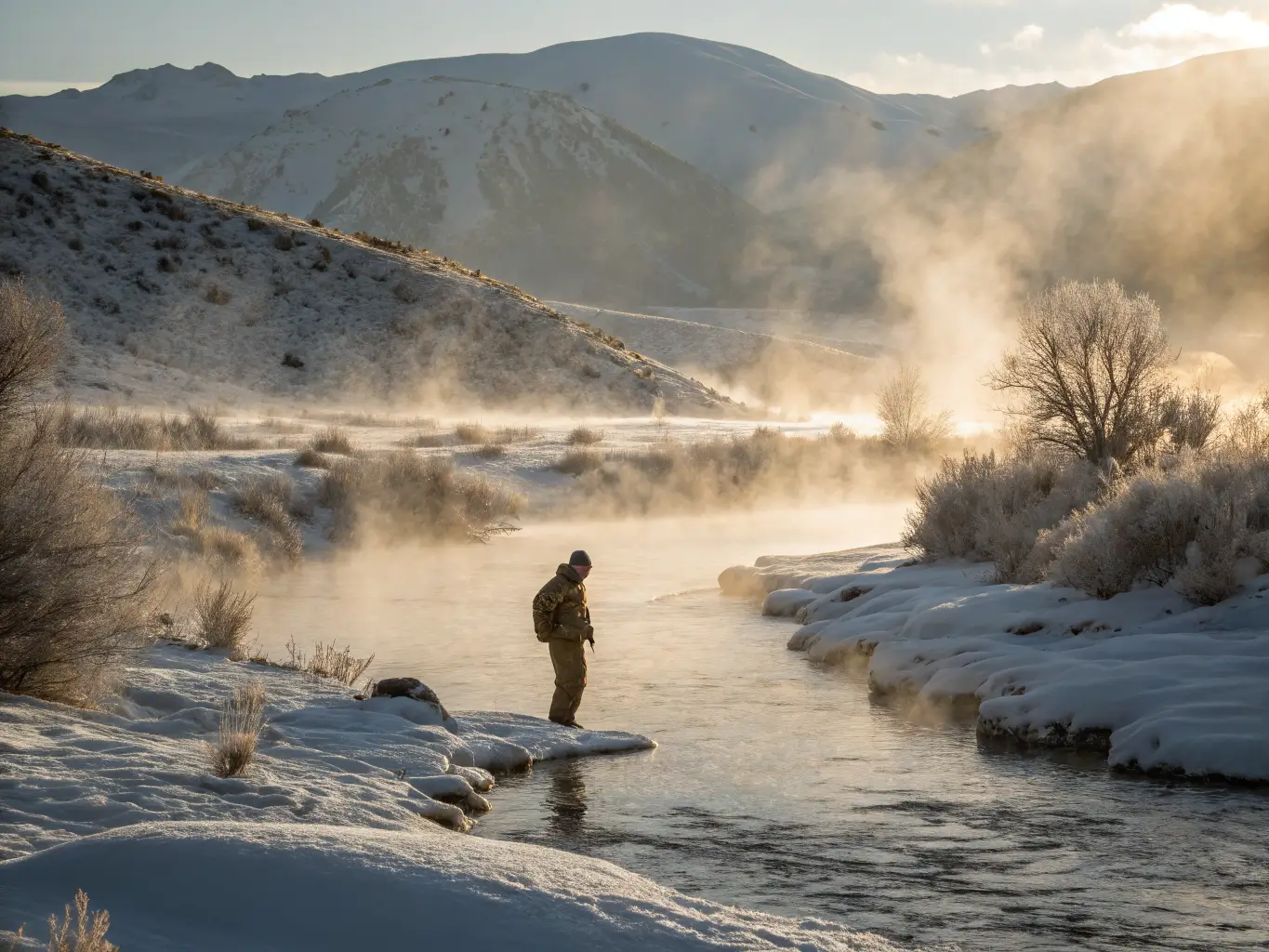 Fly fisherman casting in steaming Hot Creek on a snowy winter morning, golden sunlight illuminating mist against snowy volcanic hills.