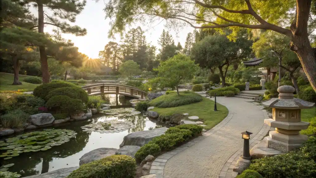 Serene Japanese garden pathway on the Cal State Long Beach campus, dappled maple sunlight, koi ponds with lily pads, wooden bridges, bonsai, and stone lanterns