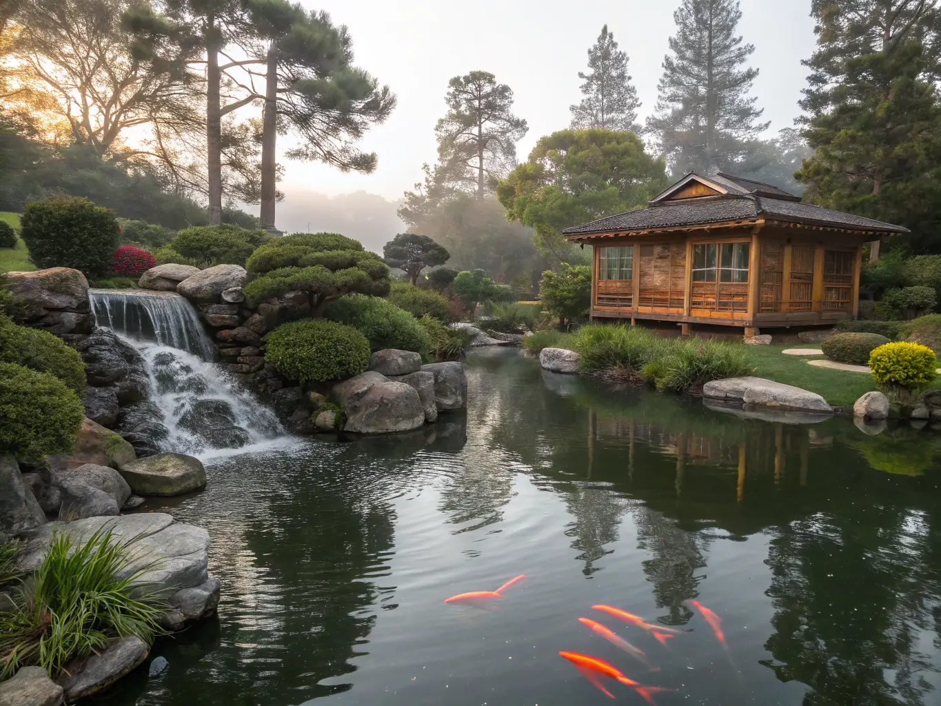 Things to Do in Long Beach When You've Only Got a Day or Two Serene morning view of the Earl Burns Miller Japanese Garden at Cal State Long Beach, featuring koi swimming in a still pond, a wooden tea house, pruned trees, a small waterfall, and soft golden light with gentle mist.