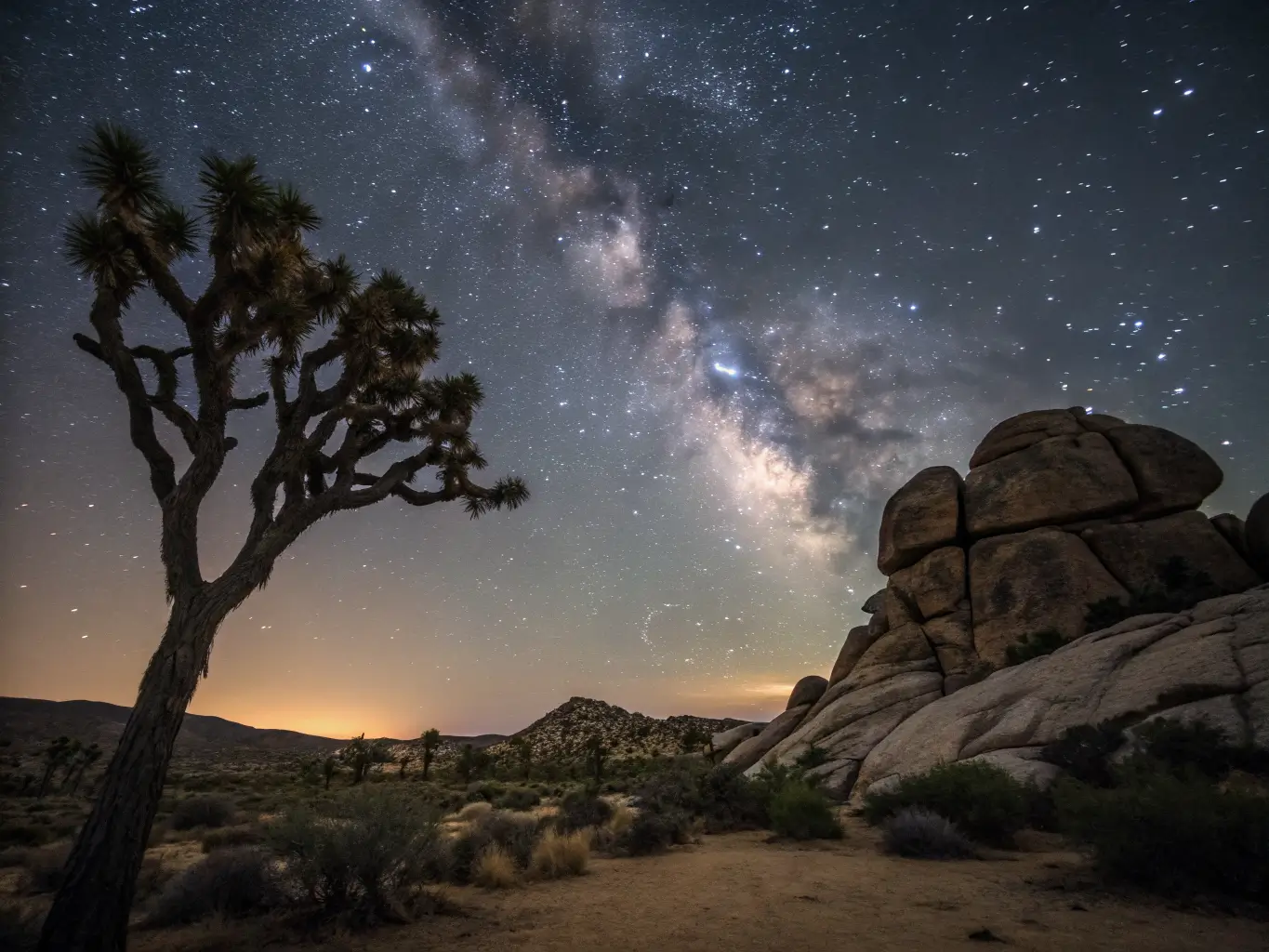 The Best California Road Trips, From Someone Who's Driven Most of Them Long-exposure night photo of a silhouetted Joshua tree and rock formations under the bright Milky Way in Joshua Tree National Park.