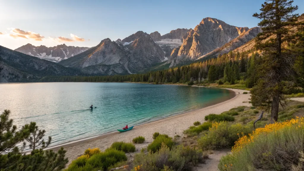 June Might Be the Best Month to Visit Mammoth Lakes Golden-hour view of turquoise June Lake with a lone kayaker on glassy water, sandy beach and wildflowers in the foreground, snow-streaked granite peaks and pines behind.