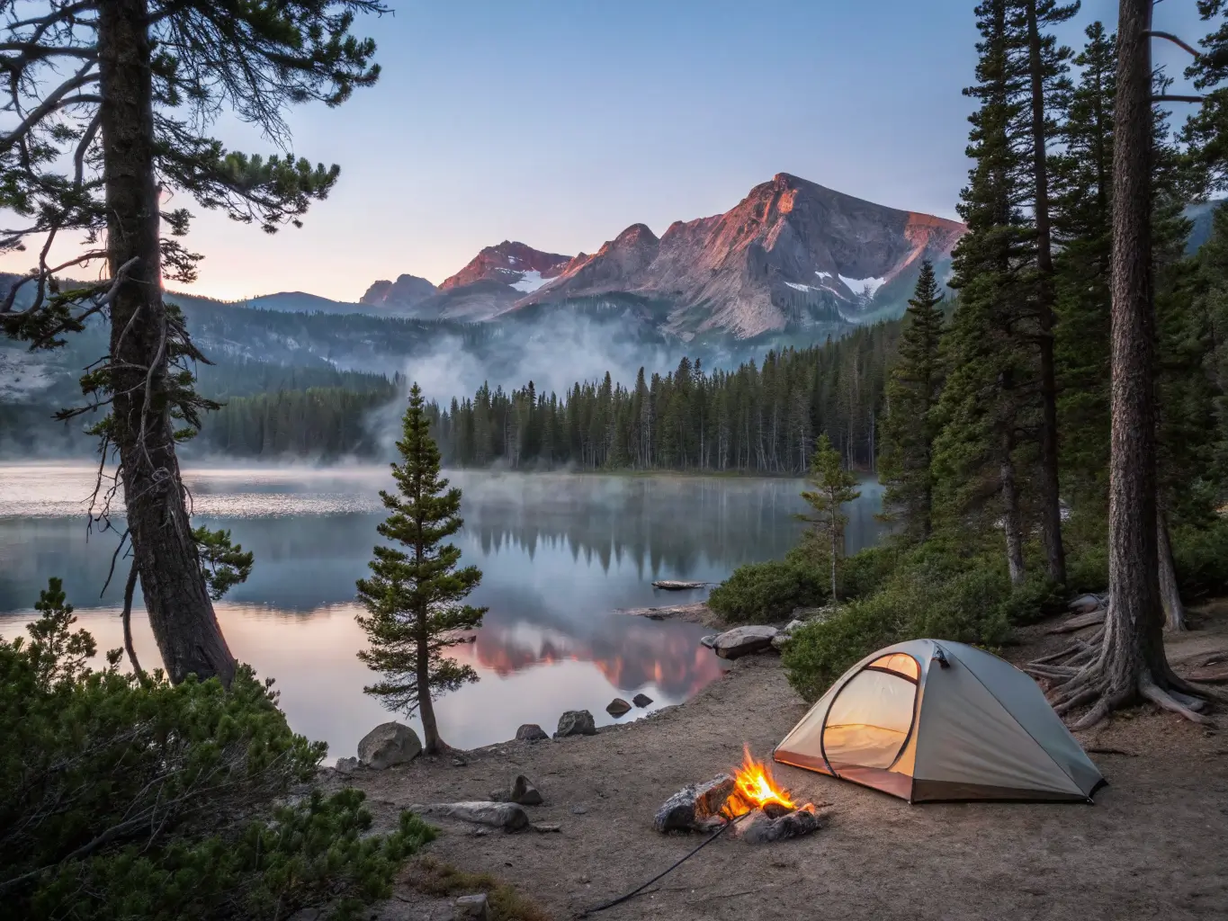 July Is the Month Mammoth Lakes Was Built For Early morning lakeside campsite at Lake Mary with a glowing tent, smoldering campfire, misty calm water reflecting pink-lit granite peaks, and pine trees under cool blue pre-dawn light.