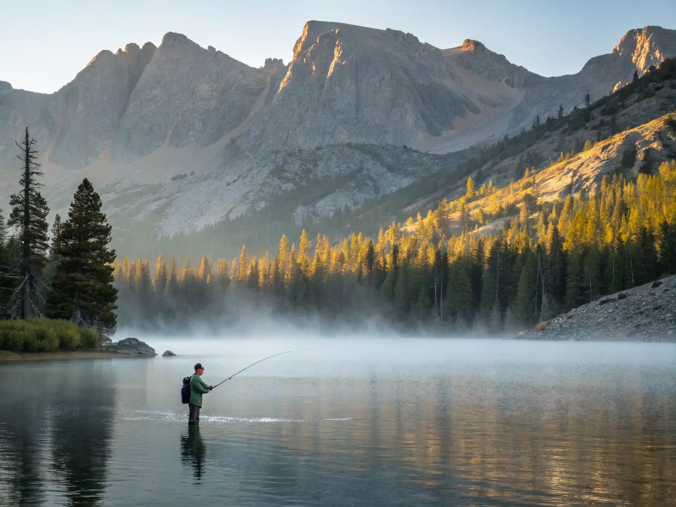September Might Be the Best Month Mammoth Lakes Has Fly angler casting into a misty alpine lake at sunrise, golden light illuminating early autumn aspens and granite peaks in the background.
