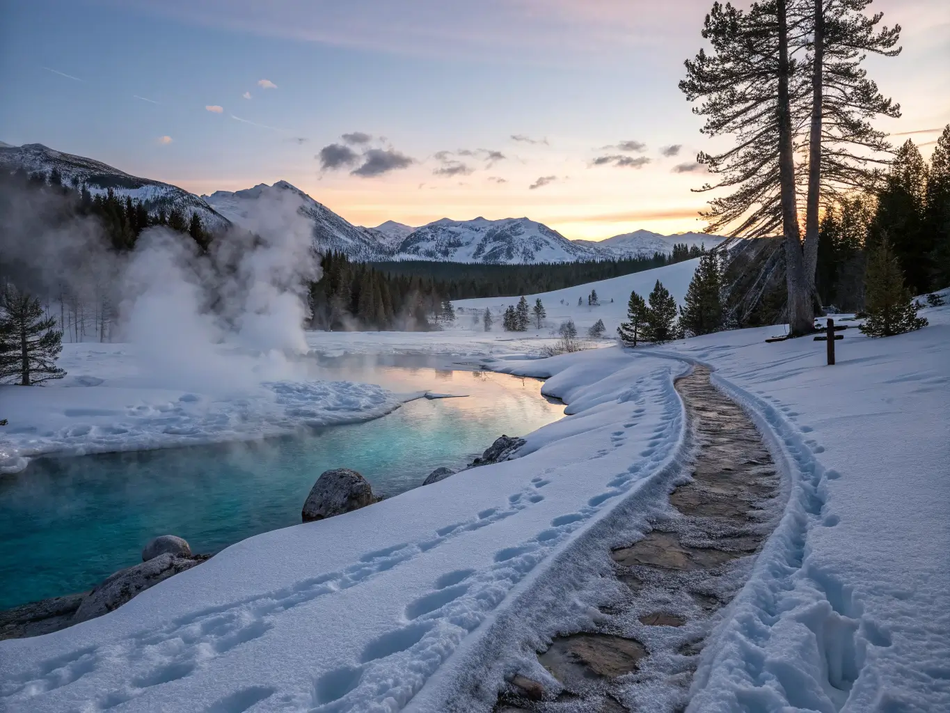 Twilight at a snowy Mammoth Lakes hot spring with steam rising from turquoise water, snowshoe tracks in fresh powder, a glowing frozen lake, and Sierra Nevada peaks silhouetted at sunset.