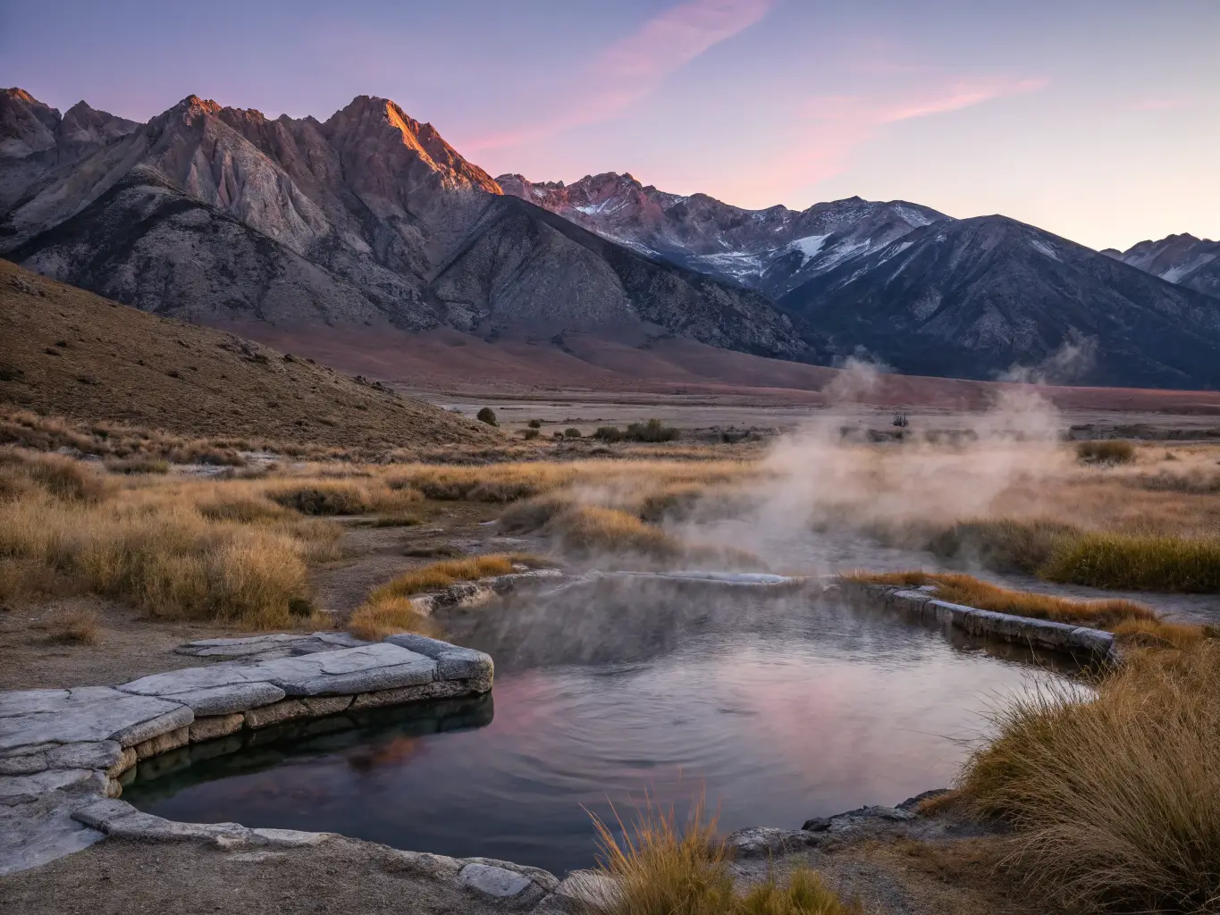 October Might Be the Best Month to Visit Mammoth Lakes Steaming natural hot spring near Mammoth Lakes at dusk, golden grasses and still water leading to pink-lit Sierra peaks under soft twilight.