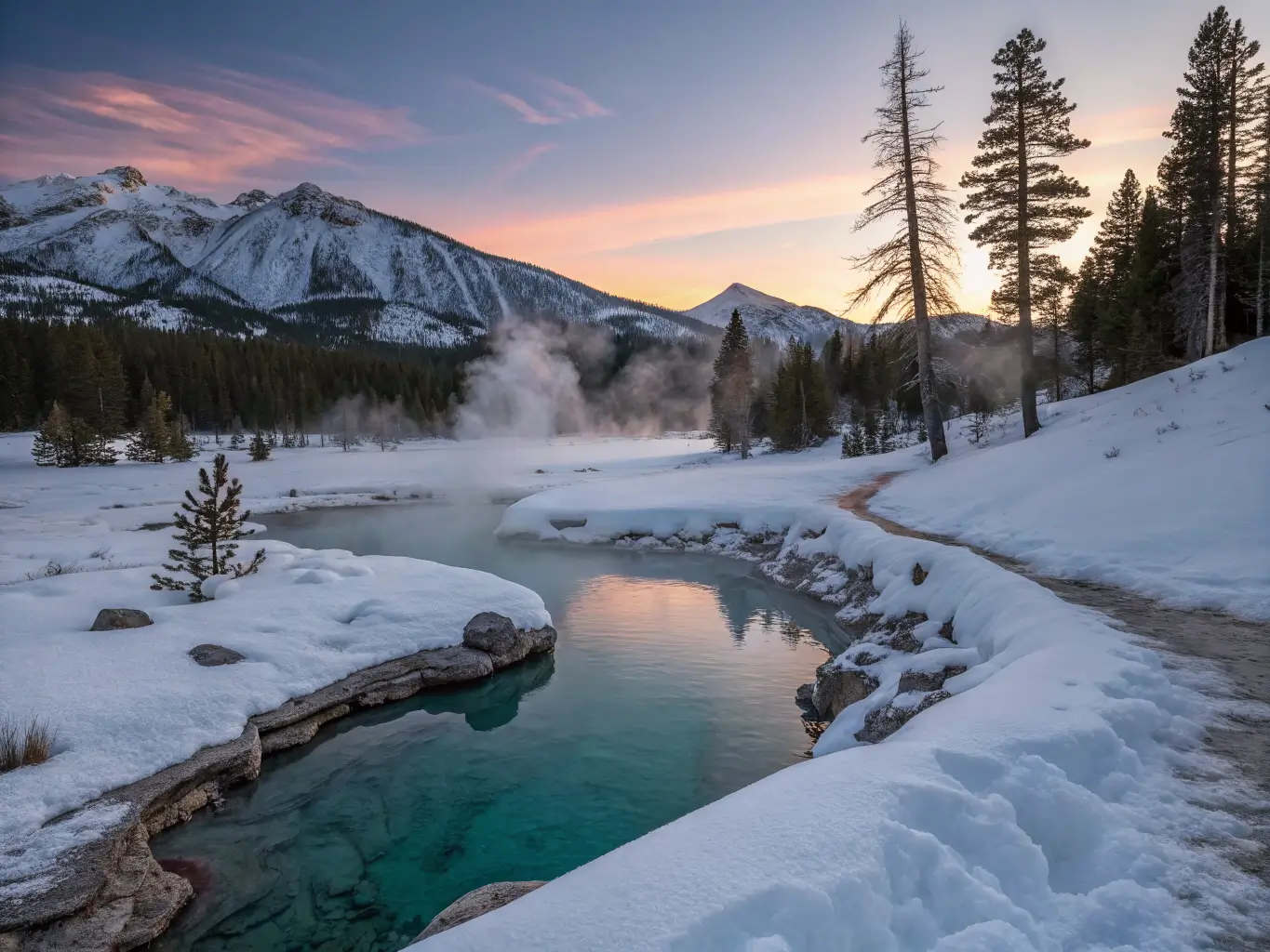 Twilight view of a steaming turquoise hot spring surrounded by deep snow near Mammoth Lakes, with snowshoe tracks leading through the powder, a frozen lake glowing pink and lavender in sunset alpenglow, and Sierra Nevada silhouettes in the background.