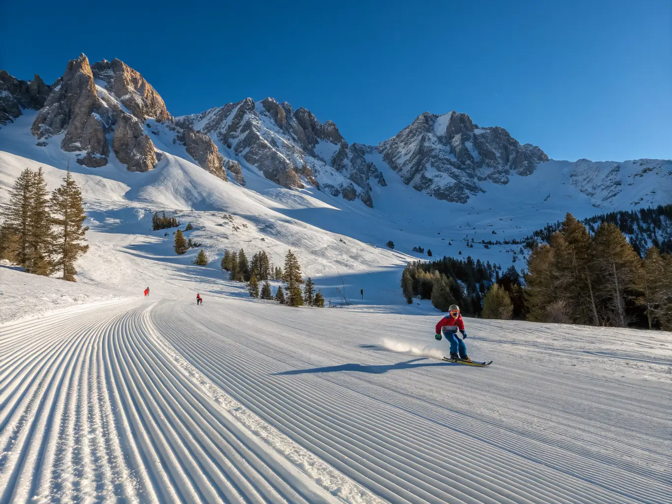Skiers carving down freshly groomed, sunlit slopes in Mammoth Lakes with deep snowbanks and the snow-covered Sierra peaks under a vivid blue winter sky.