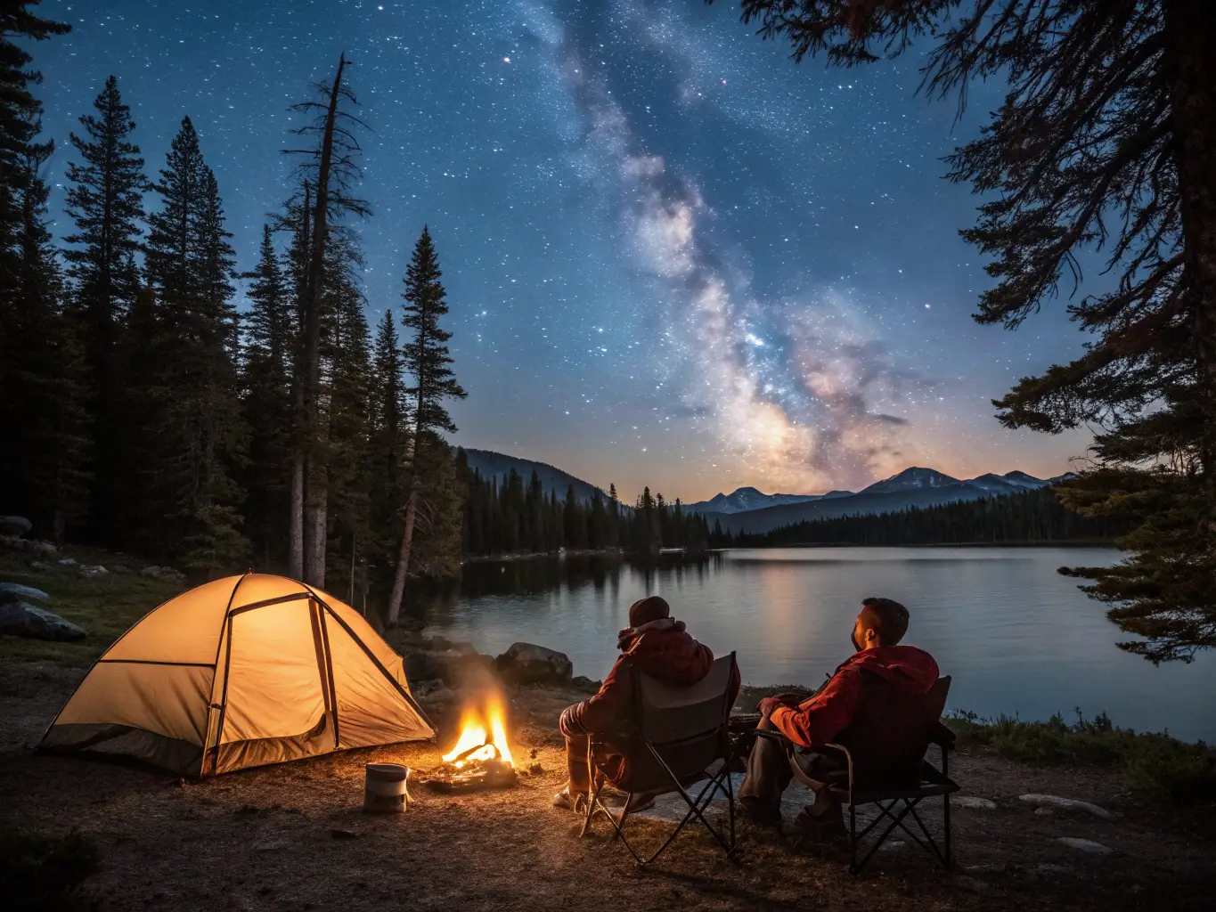September Might Be the Best Month Mammoth Lakes Has Two campers by a small glowing tent beside a lakeside campfire under a star-filled Sierra Nevada sky with the Milky Way reflected faintly in the dark water.