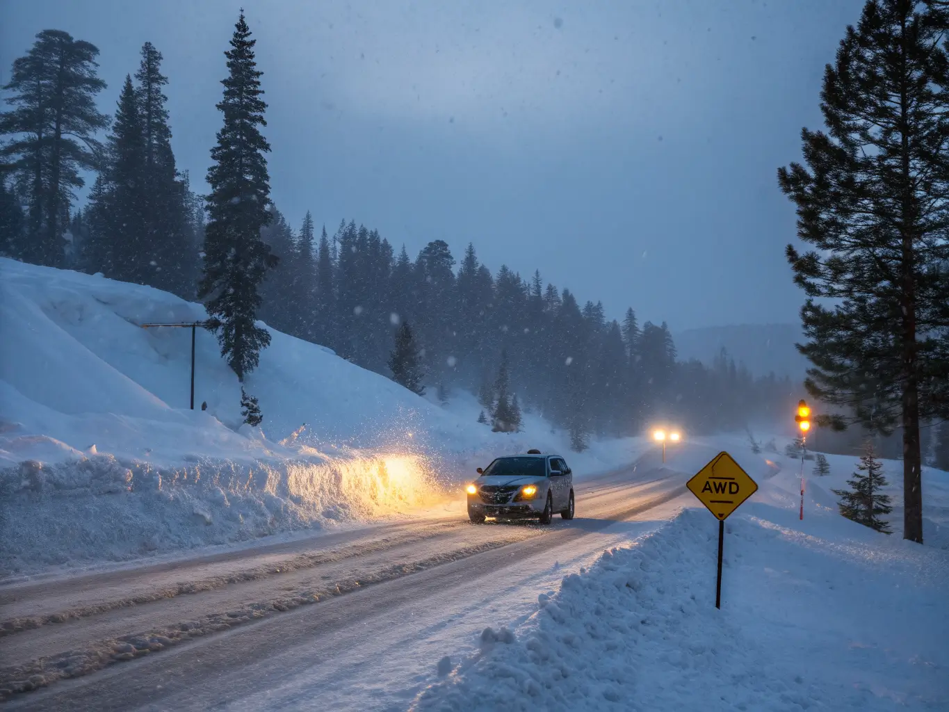 Mammoth Lakes in March: What to Actually Expect Snowy dusk highway leading into Mammoth Lakes with a single chained vehicle, tall plowed snowbanks, illuminated chain-control sign, and faint town lights glowing through falling snow.