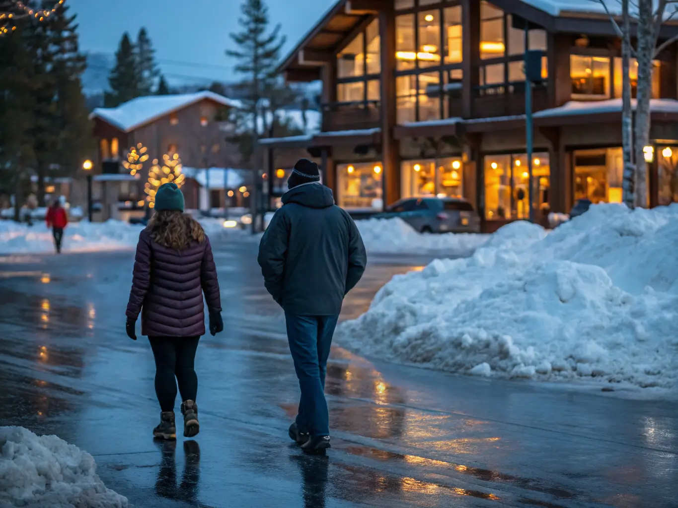 Mammoth Lakes in March: What to Actually Expect Couple walking carefully across an icy parking lot toward a warmly lit restaurant in Mammoth Lakes at twilight, with snowbanks and glowing storefront reflections.