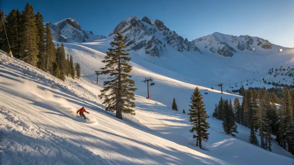 Mammoth Lakes in February: The Month Locals Don't Want You to Know About Skiers carving fresh tracks down a sunlit, powder-covered Mammoth Lakes slope, snow-laden pines framing the scene, chairlift and distant Sierra Nevada peaks under a blue sky