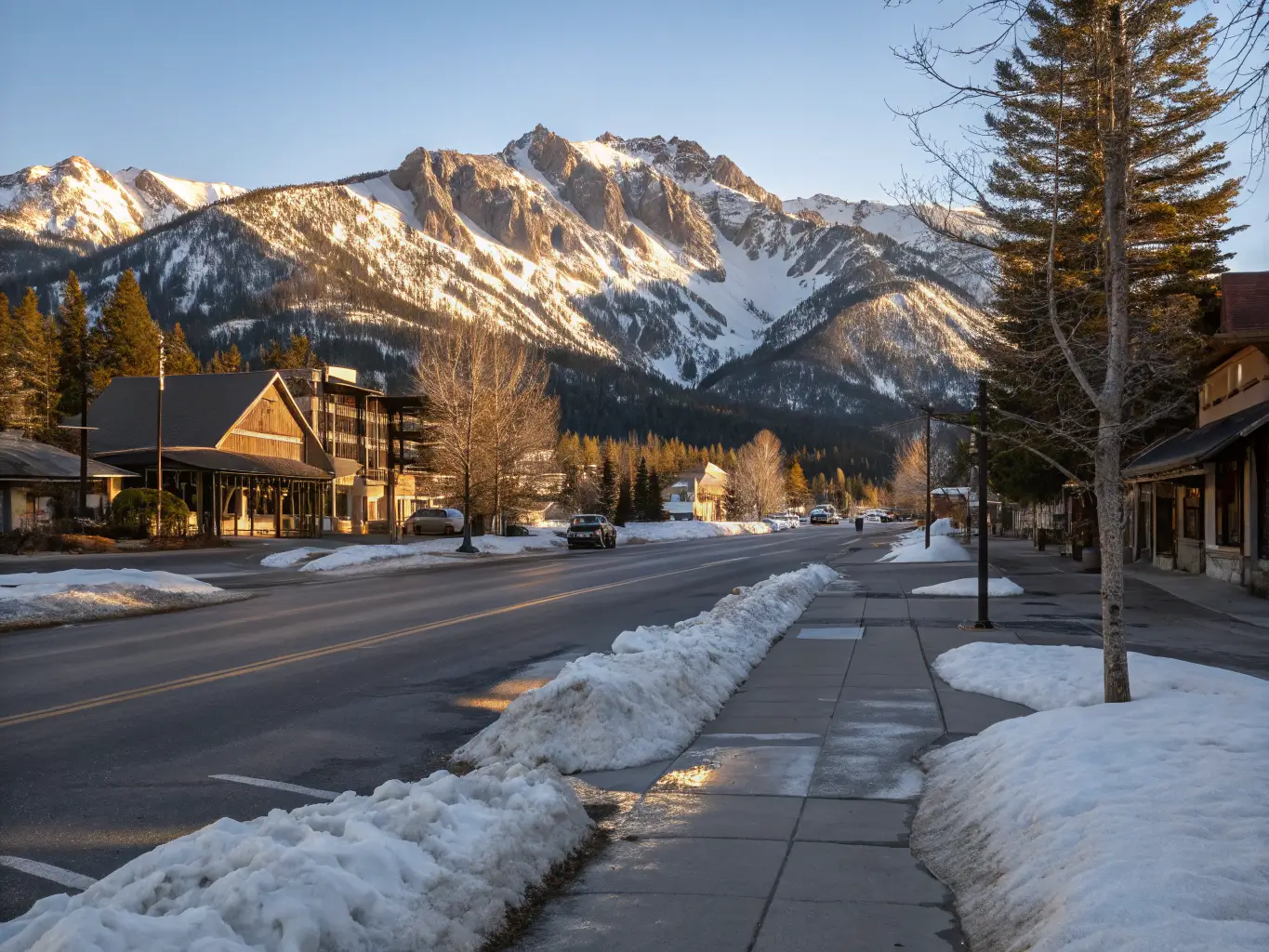 Mammoth Lakes in April: What to Actually Expect Spring thaw in Mammoth Lakes with melting snowbanks along a quiet street, golden late-afternoon light, and snow-covered mountains rising behind town buildings.