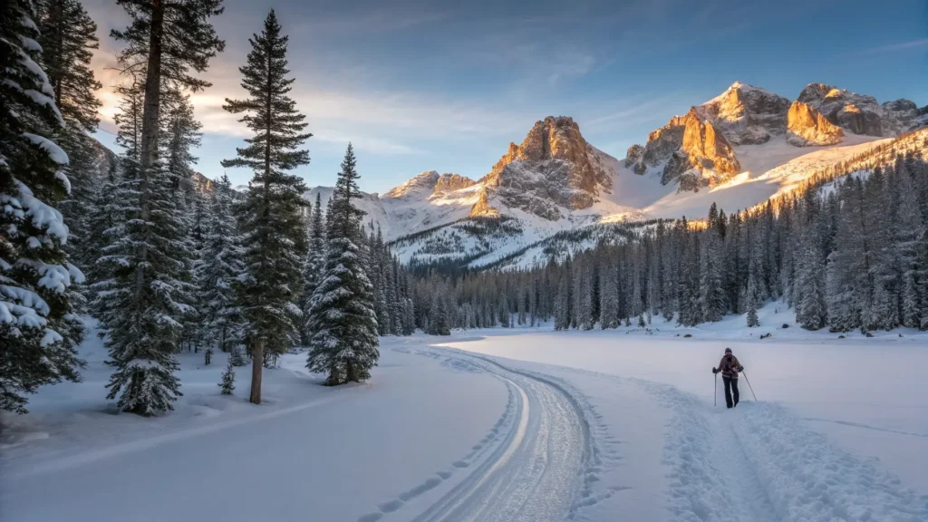Is Mammoth Lakes Worth Visiting in December? Sunrise at Mammoth Lakes' Lakes Basin: groomed cross-country trail between snow-covered pines, frozen reflective alpine lakes and snow-dusted Sherwin Range peaks, lone hiker for scale.