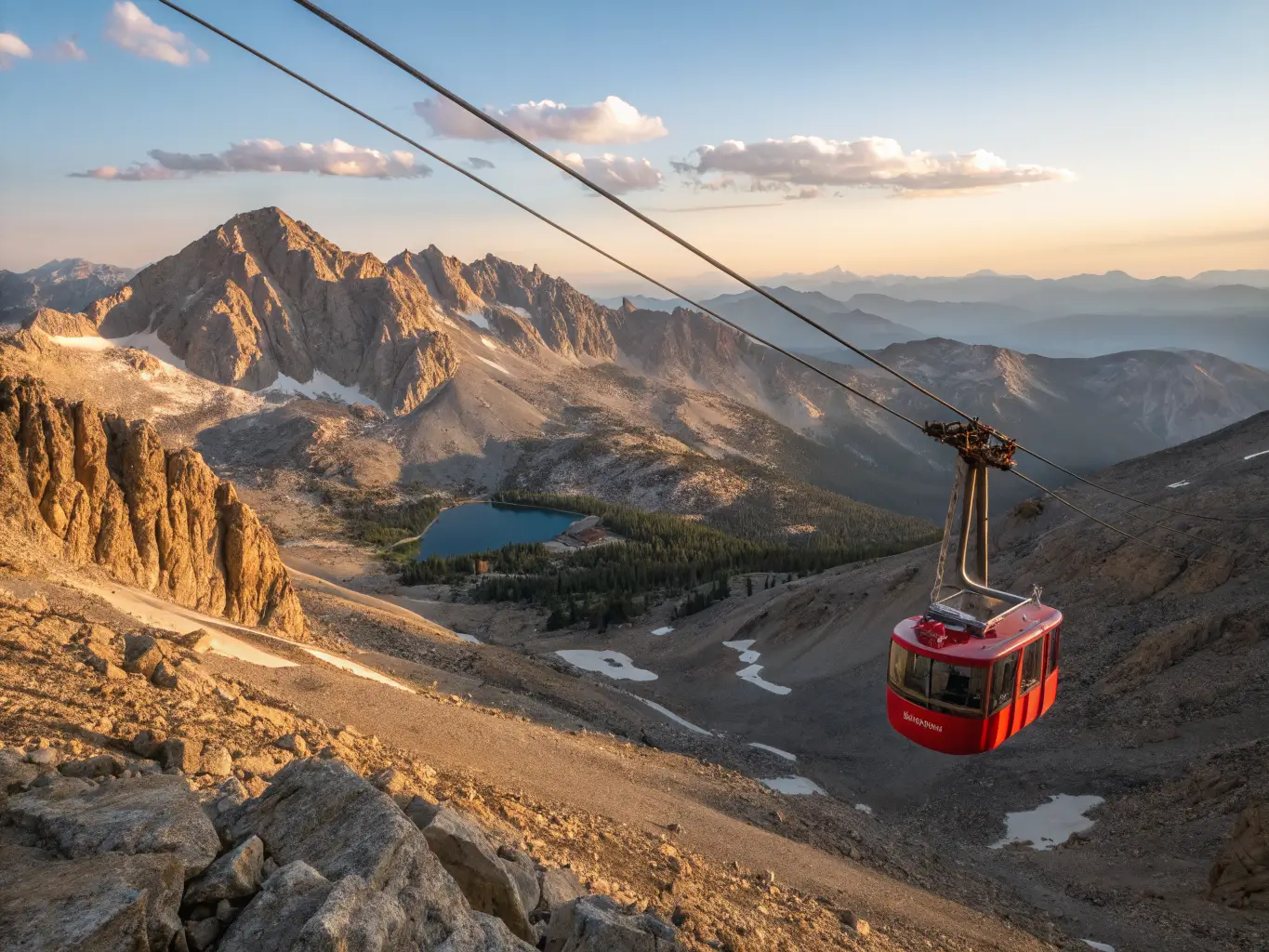 July Is the Month Mammoth Lakes Was Built For Golden-hour view from Mammoth Mountain Gondola summit showing red cabin and cables descending toward volcanic alpine terrain, with sunlit granite peaks of the Minarets and forested valleys under a deep blue sky.