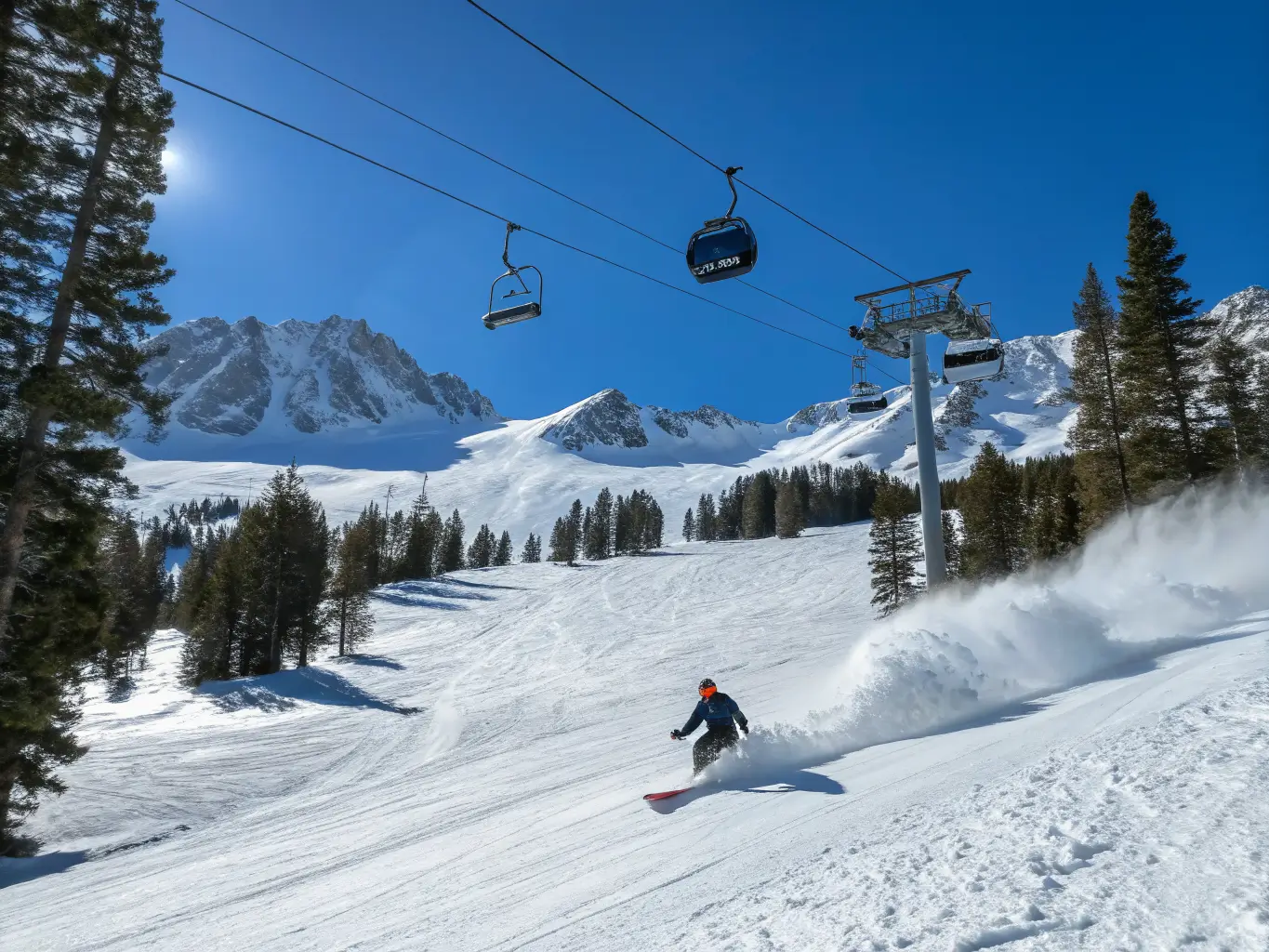 Lone skier carving through fresh powder on Mammoth Mountain after overnight snowfall, surrounded by snow-covered evergreens and bright morning sunshine under a clear blue sky.