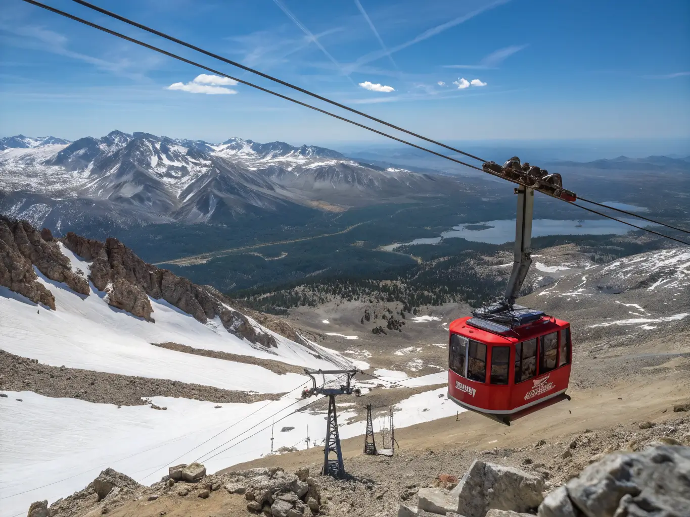June Might Be the Best Month to Visit Mammoth Lakes Wide-angle view from Mammoth Mountain summit showing a red gondola arriving at the station, with snow-streaked Sierra peaks under a clear deep blue sky.