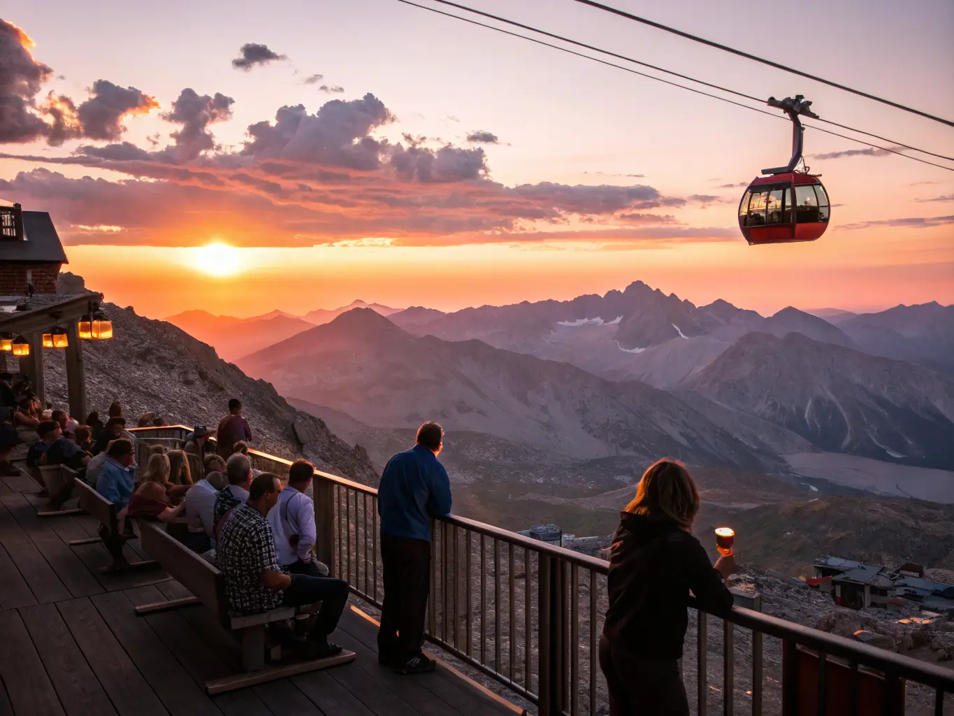 September Might Be the Best Month Mammoth Lakes Has Guests enjoying sunset drinks on Mammoth Mountain’s summit deck with gondola cabins and glowing Sierra ridgelines in golden-hour light.