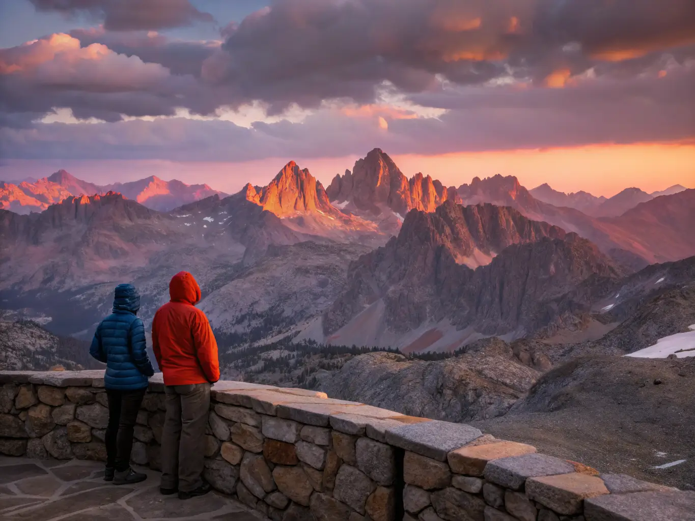 July Is the Month Mammoth Lakes Was Built For Couple at Minaret Vista watching alpenglow over jagged Minarets and Ansel Adams Wilderness during sunset, vivid orange and magenta sky with layered mountain ridges fading into purple haze.