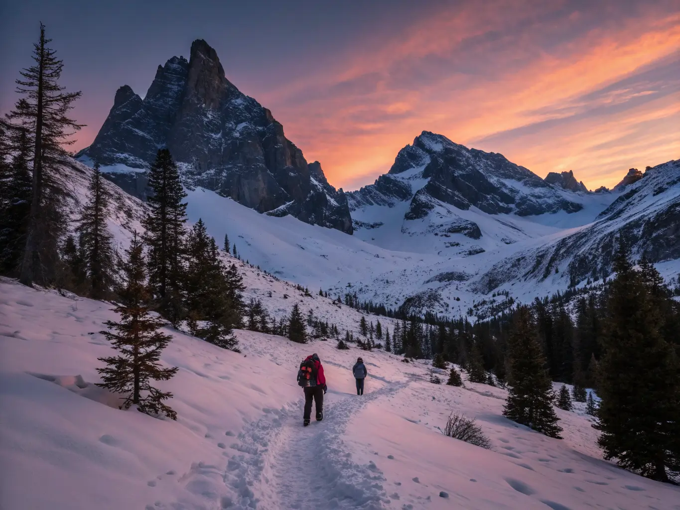 Twilight view from Minaret Vista showing two hikers on a snow-packed trail toward pink and purple-lit Minarets under a fading orange-to-indigo sky with first stars appearing.