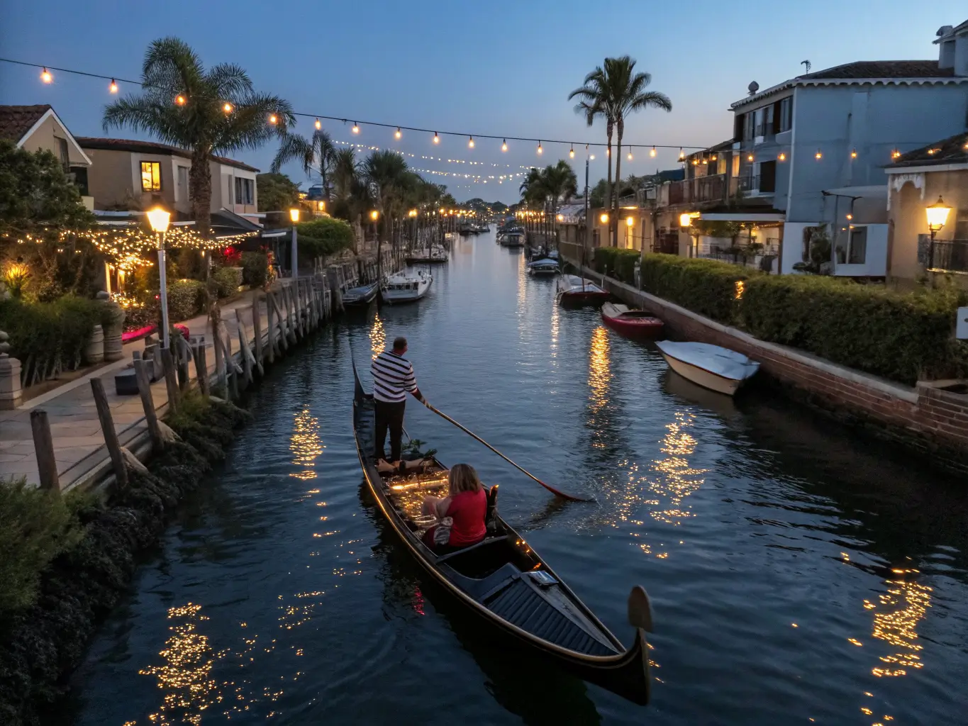 Things to Do in Long Beach When You've Only Got a Day or Two Venetian-style gondola gliding through illuminated Naples canal at dusk, with warm lights reflecting on the water and twilight sky above.