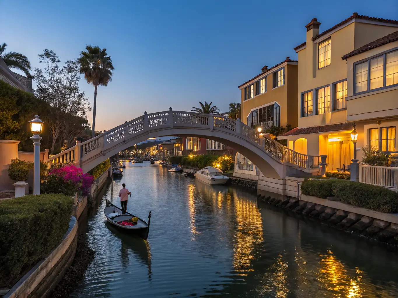 Things to Do in Long Beach When You've Only Got a Day or Two Twilight view of Naples Island canal in Long Beach with a gondola gliding under an arched bridge, waterfront homes glowing warmly against a deep blue evening sky.